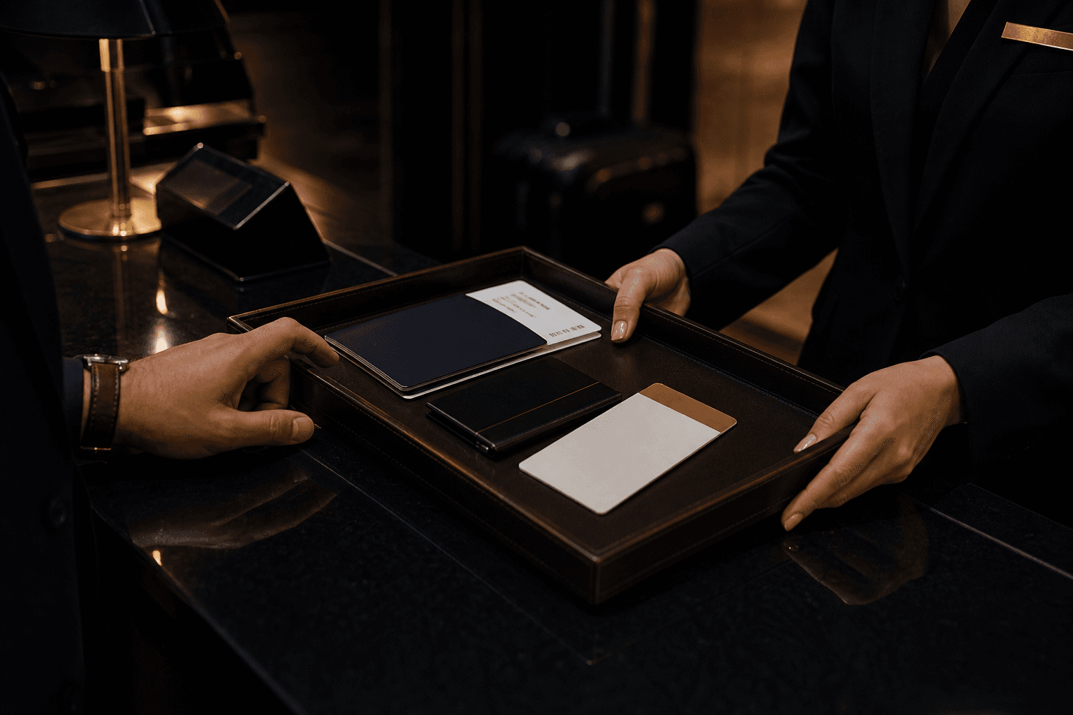 Travel documents and access materials arranged on a dark tray in warm light.