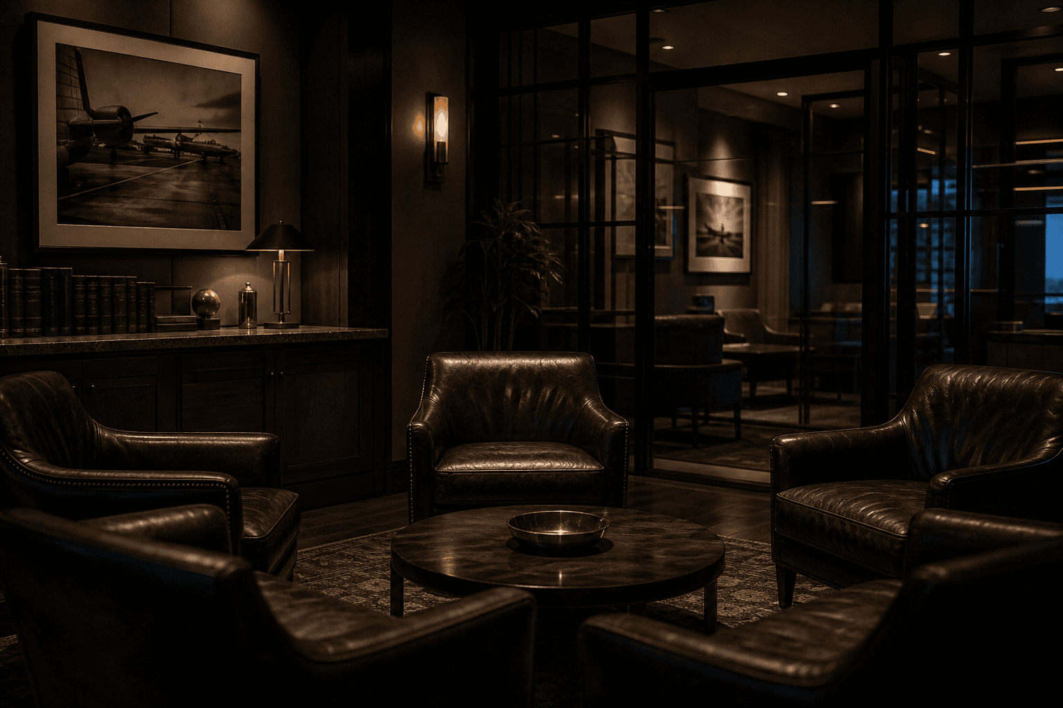 A dim private lounge with conversational seating and warm low lighting.